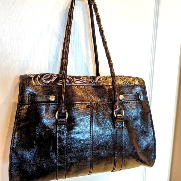 Patricia Nash Vienna Satchel Tooled Leather Bag, color Black Tuscan EUC - Picture 5 of 14